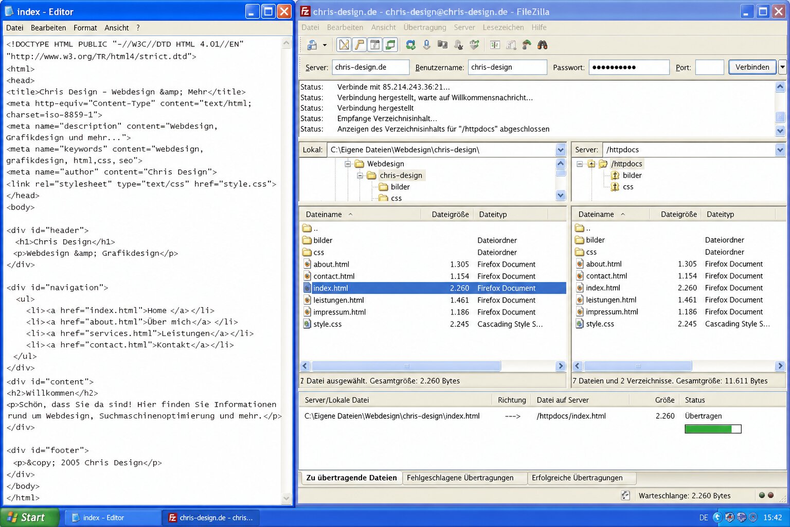 Notepad mit chris-design.de HTML-Source neben FileZilla-FTP-Upload, Windows XP