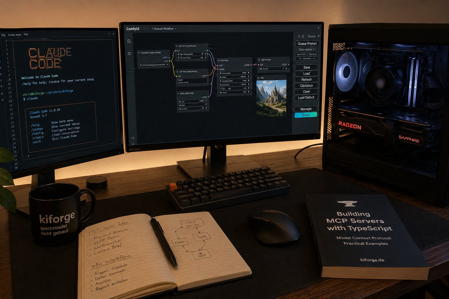 Schreibtisch-Setup: Claude Code im Terminal, ComfyUI-Workflow, AMD Radeon-Build, kiforge-Mug, Notebook mit MCP-Server-Skizze